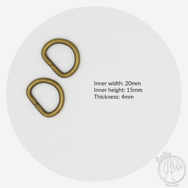 20mm D Ring - Antique Brass - dimensions